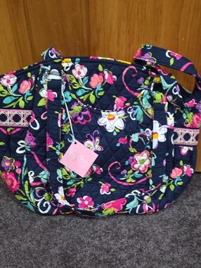 Vera Bradley Navy Quilted Floral Tote with Pink & Green Accents